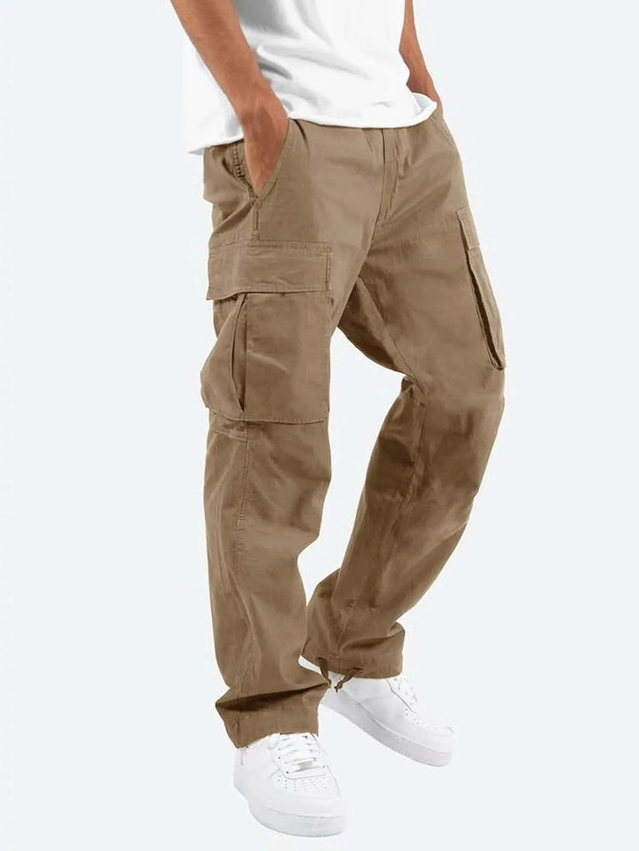 Textured fabric of men's casual cargo pants, offering durable comfort & stylish everyday men's fashion.