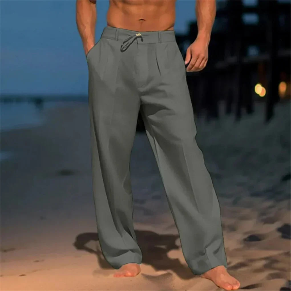 Men's relaxed fit drawstring dress pants, ideal for smart casual style or comfortable summer wear.