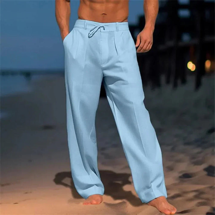Versatile men's drawstring dress pants, a relaxed fit casual trouser staple for smart casual & summer style.