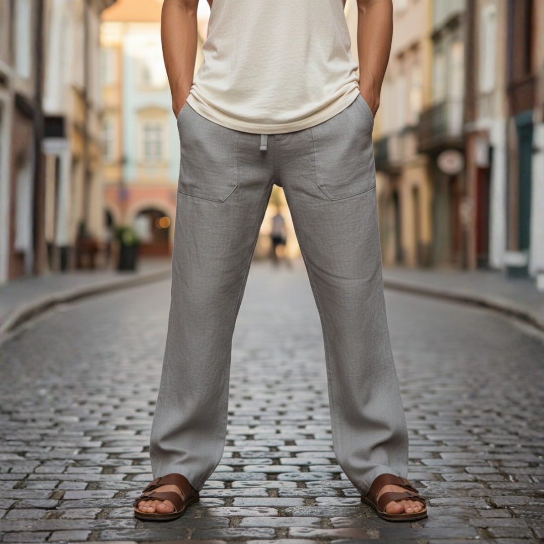 Men's relaxed fit drawstring linen trousers, perfect for breathable summer comfort & casual style.