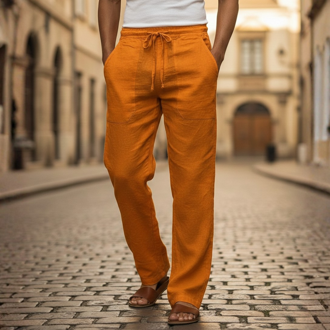 Men's drawstring linen trousers, relaxed baggy fit, breathable & comfortable for summer vacation.