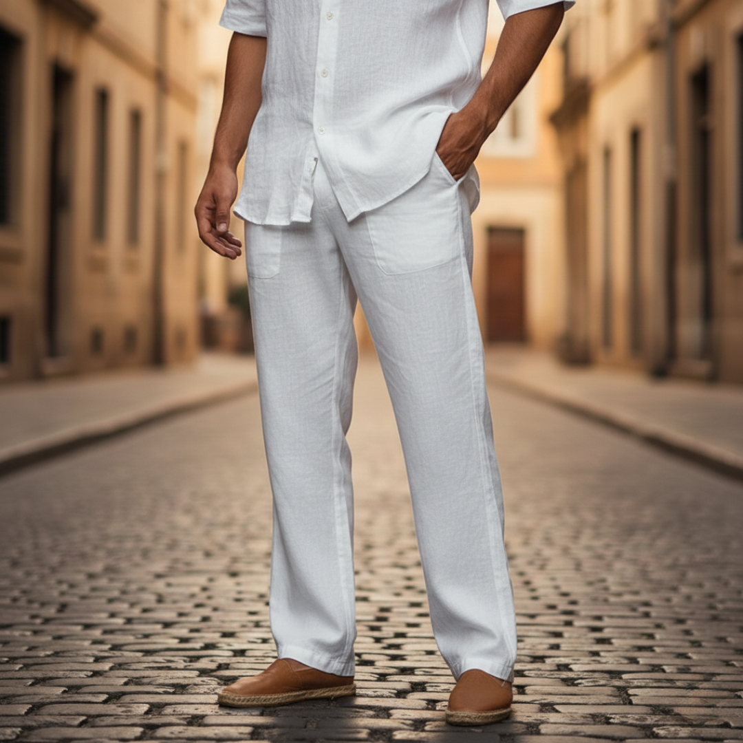 Man walking in relaxed fit drawstring linen trousers, perfect lightweight summer pants & casual style.