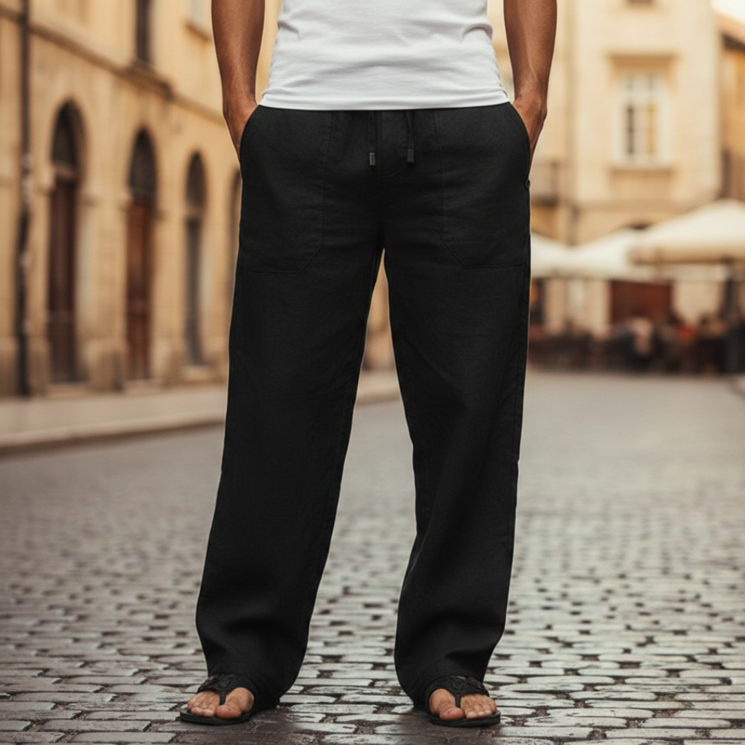 Full length shot of men's relaxed fit linen trousers, comfortable drawstring waist, perfect casual wear.