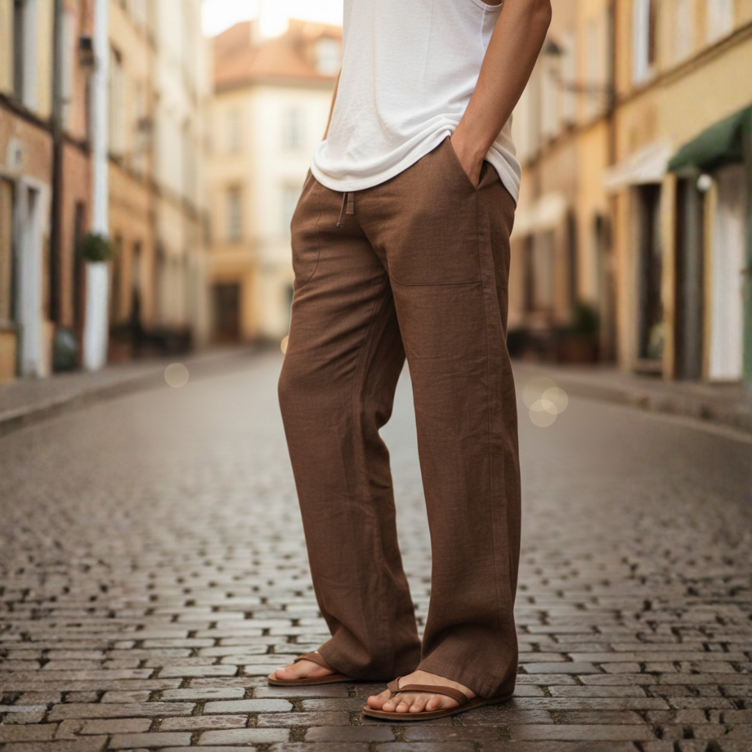 Cool & breathable men's linen trousers, relaxed fit, drawstring waist for ultimate summer comfort.