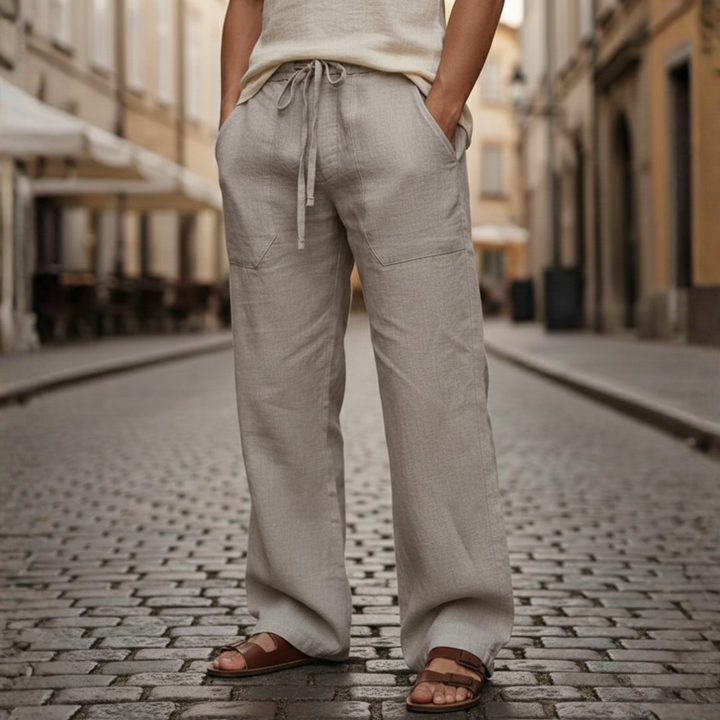 Men's casual linen trousers, relaxed fit drawstring pants, breathable summer wear for ultimate ease.