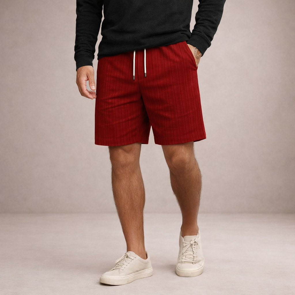 Drawstring men's shorts, relaxed fit, perfect beachwear for summer vacation.