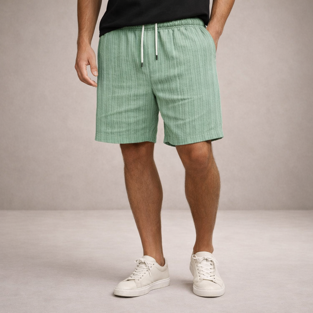 Men's warm weather shorts with comfy drawstring and relaxed knee-length design.