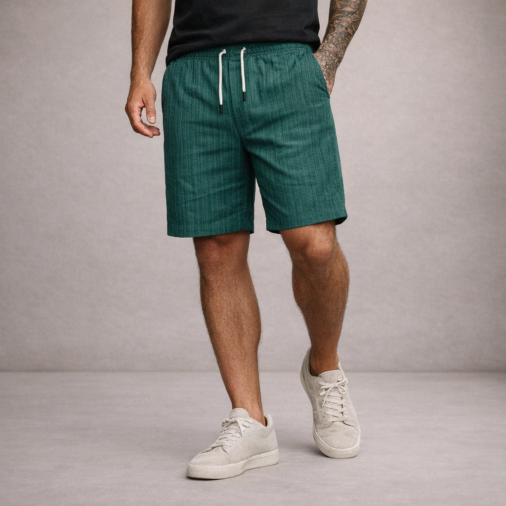 Stylish men's casual shorts with stripe detail and adjustable drawstring.