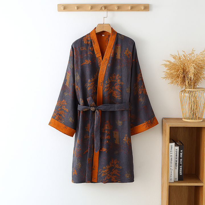 Men's relaxed fit jacquard kimono robe. Comfortable loungewear & sleepwear, perfect for home comfort & men's fashion.