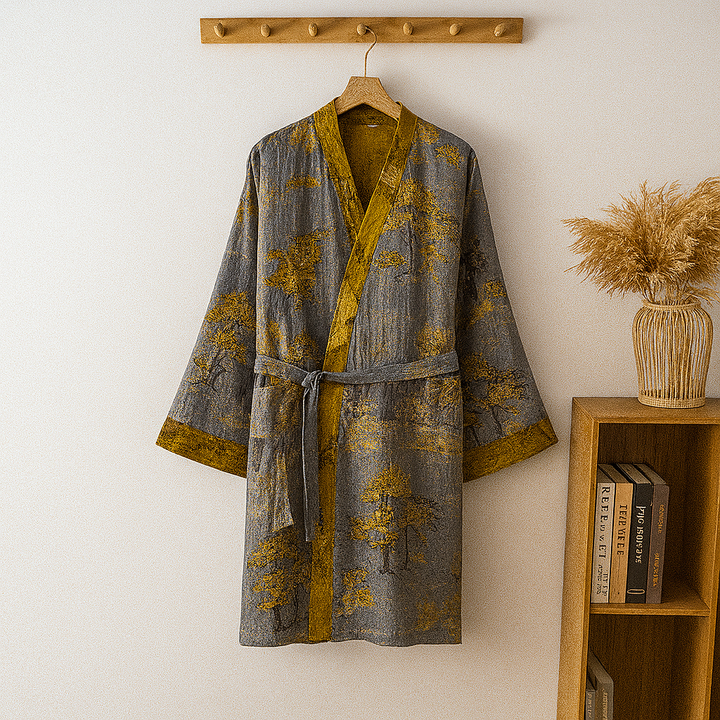 Stylish gentlemen's jacquard kimono robe. Relaxed fit, ideal for indoor wear, home comfort & luxurious loungewear.