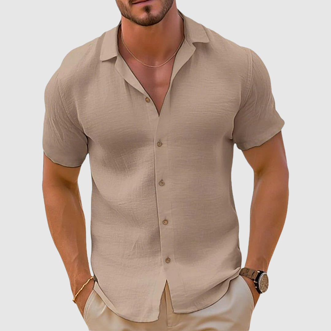 Men's relaxed fit linen button-down shirt, perfect for casual spring & summer style. Long sleeve, breathable comfort.