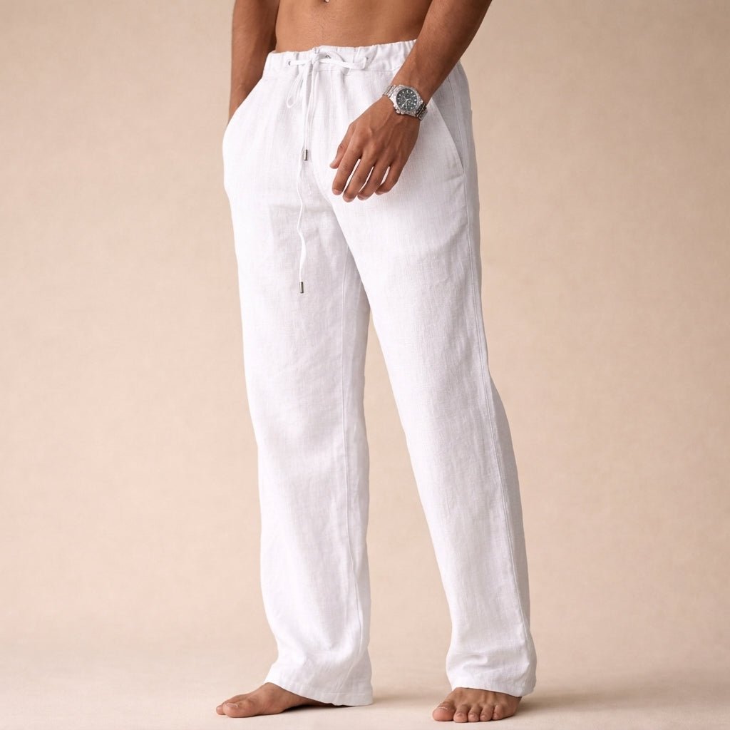 Men's relaxed fit linen drawstring trousers for effortless style. Perfect comfortable casual summer pants.