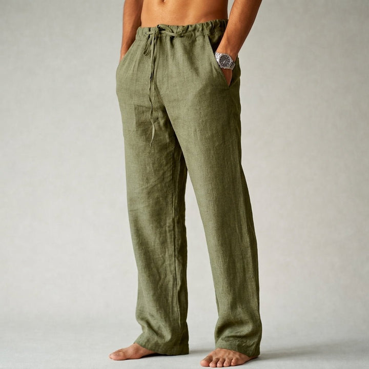 Casual men's linen drawstring trousers, ideal for beach wear, summer vacations, and relaxed everyday style.