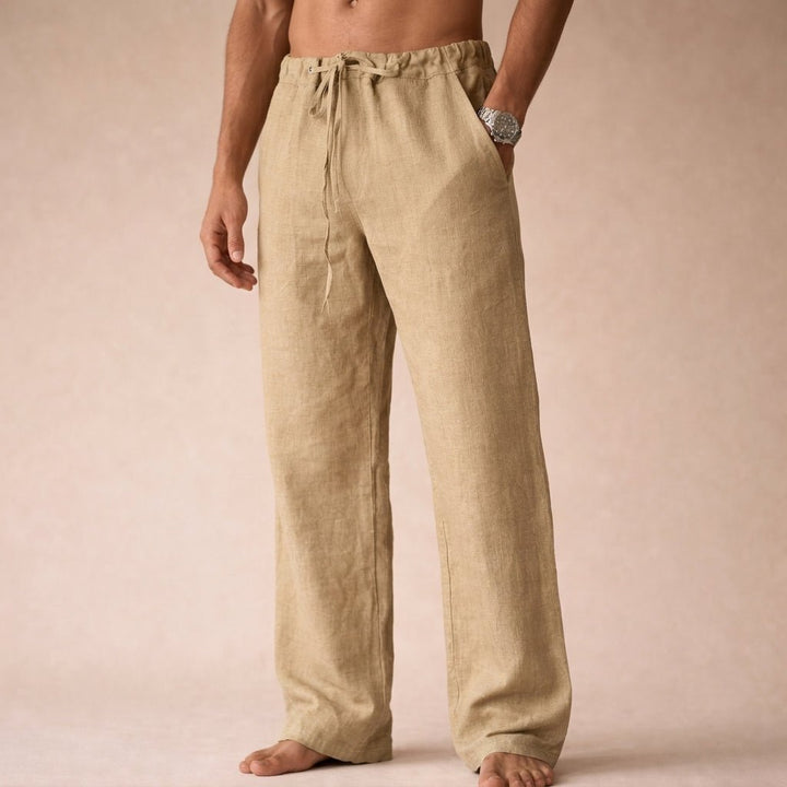 Comfortable men's relaxed fit linen drawstring pants. Versatile bottoms for casual outings & vacation attire.