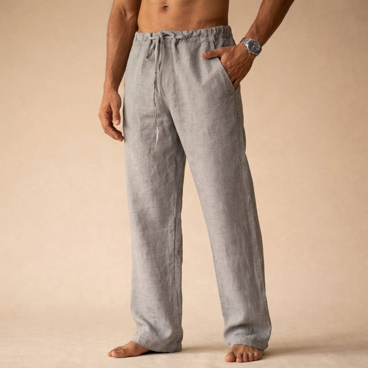 Stylish men's drawstring linen pants. Casual fashion trousers, great for summer, vacation, or relaxed wear.