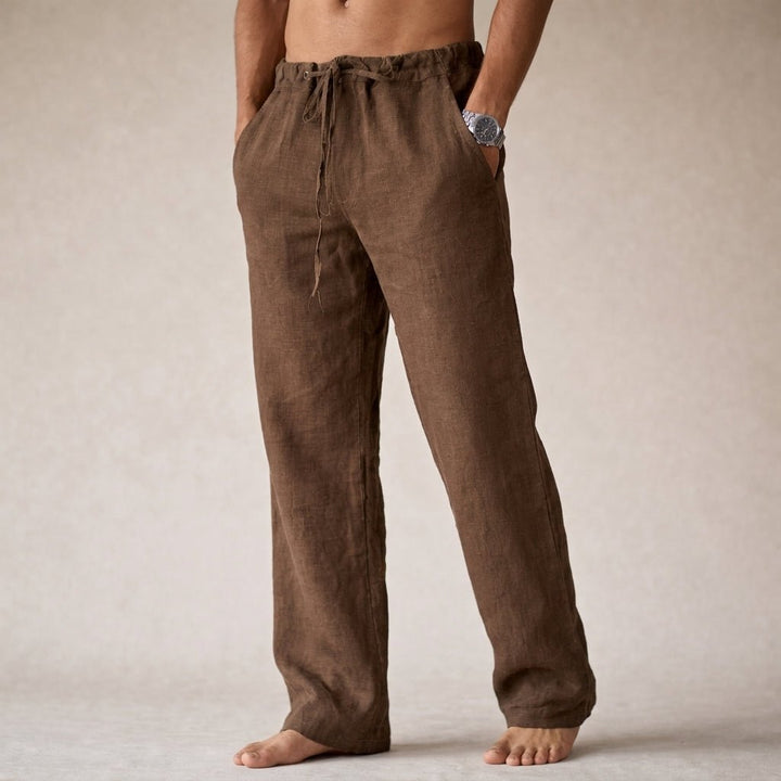 Effortless men's linen drawstring trousers. Relaxed fit pants offering comfort & casual style for any occasion.