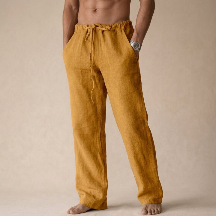 Men's relaxed fit linen drawstring pants, perfect for summer, beach, or comfortable casual men's fashion.