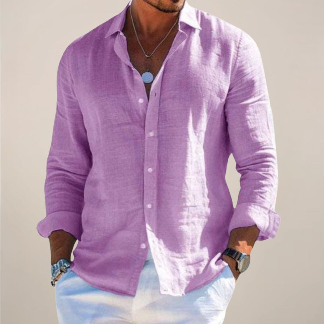 Lightweight men's relaxed button-down shirt, perfect long sleeve casual top for summer fashion.
