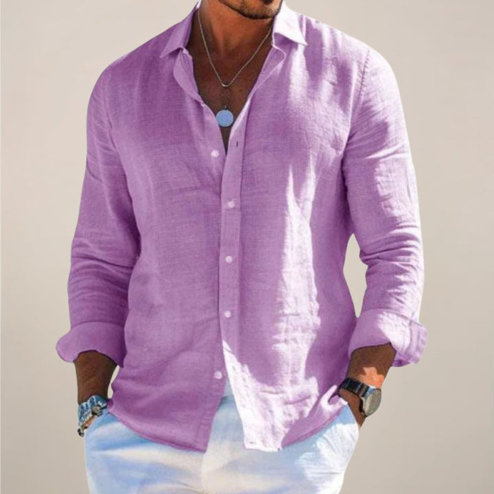 Lightweight men's relaxed button-down shirt, perfect long sleeve casual top for summer fashion.