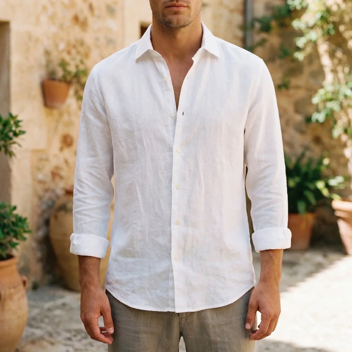 Men's relaxed fit long-sleeve button-up shirt in a solid color, perfect for casual summer wear.