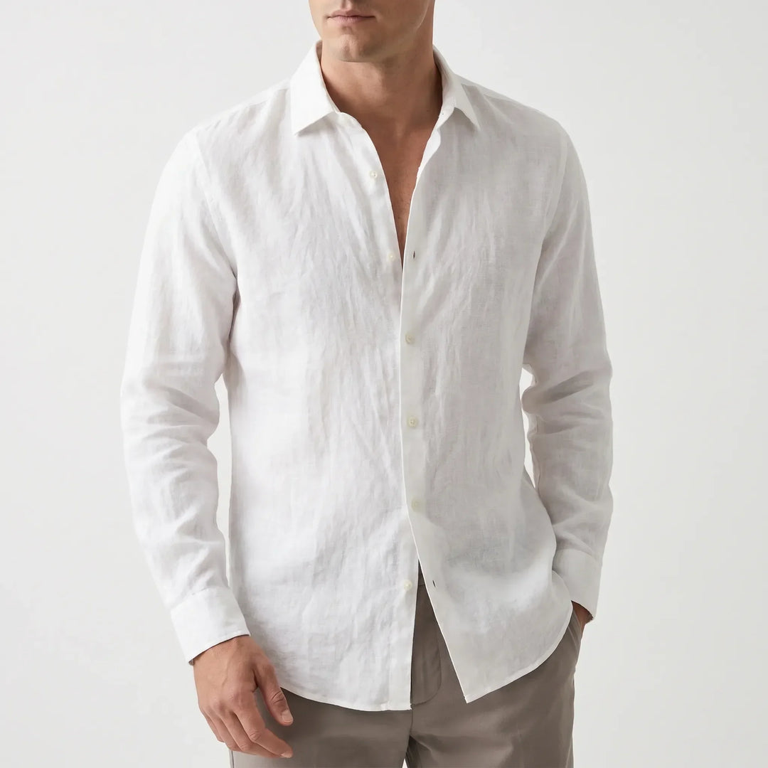 Lightweight men's long-sleeve button-up shirt with a relaxed fit for comfortable wear on warm days.