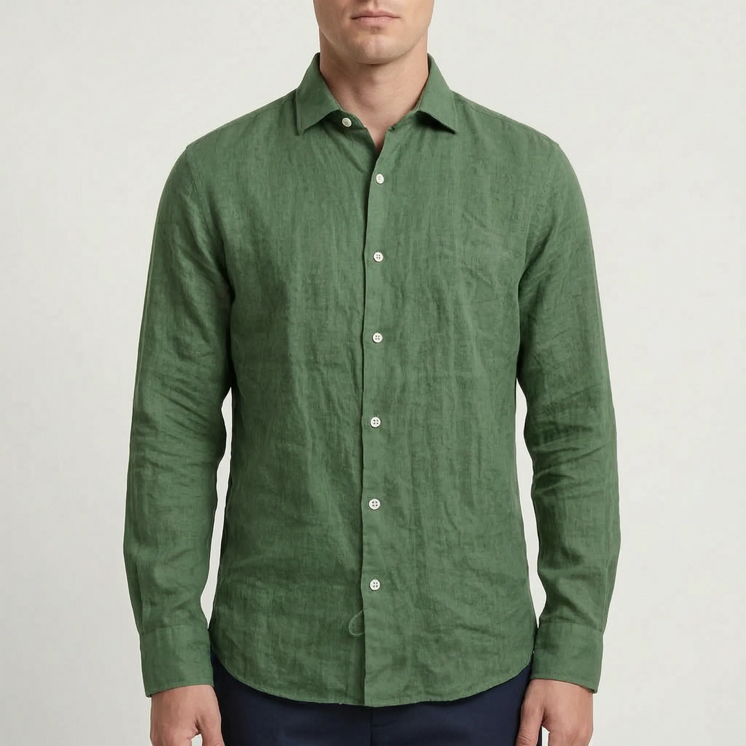 Relaxed fit men's solid long-sleeve button-up shirt, offering comfort for warm days and casual outings.
