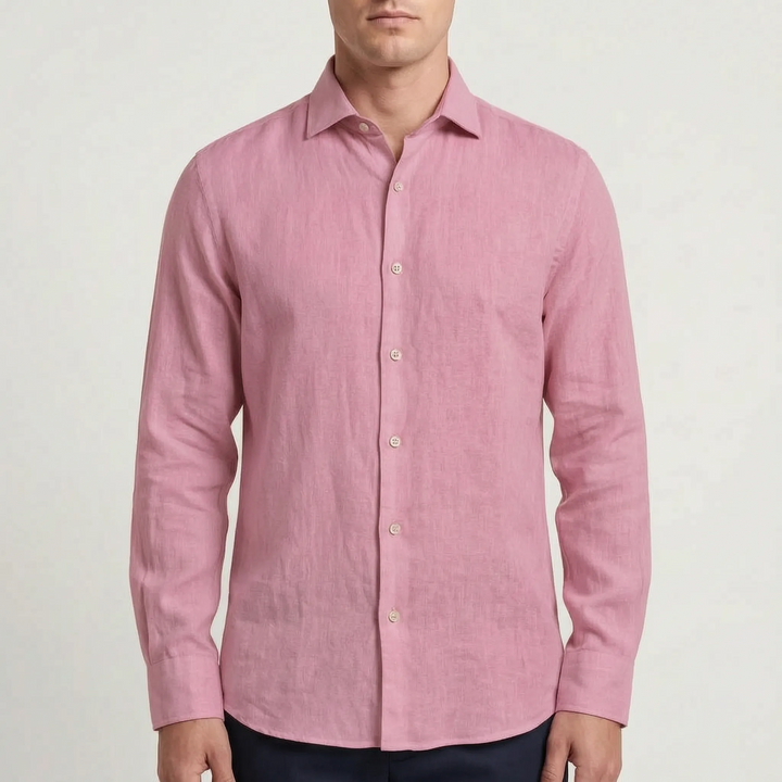 Solid color men's long-sleeve button-up shirt with a relaxed fit, a versatile piece for warm days.
