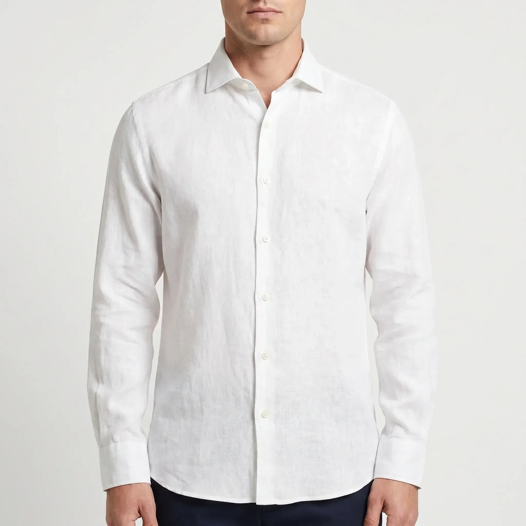 Travel-friendly men's relaxed long-sleeve button-up shirt, perfect for casual summer adventures.