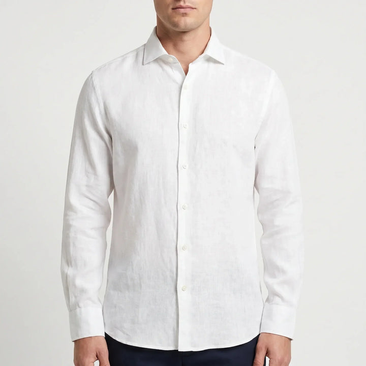 Travel-friendly men's relaxed long-sleeve button-up shirt, perfect for casual summer adventures.