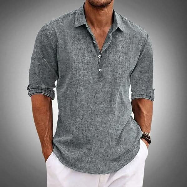 Versatile men's long sleeve henley shirt, relaxed fit, perfect for casual spring & summer outfits.