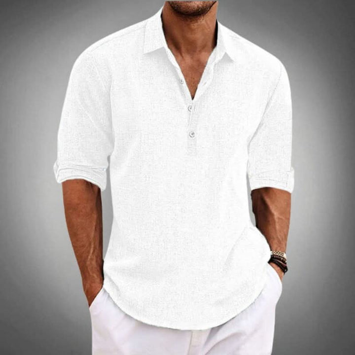 Men's casual long sleeve henley shirt with button placket, relaxed fit for versatile everyday comfort.