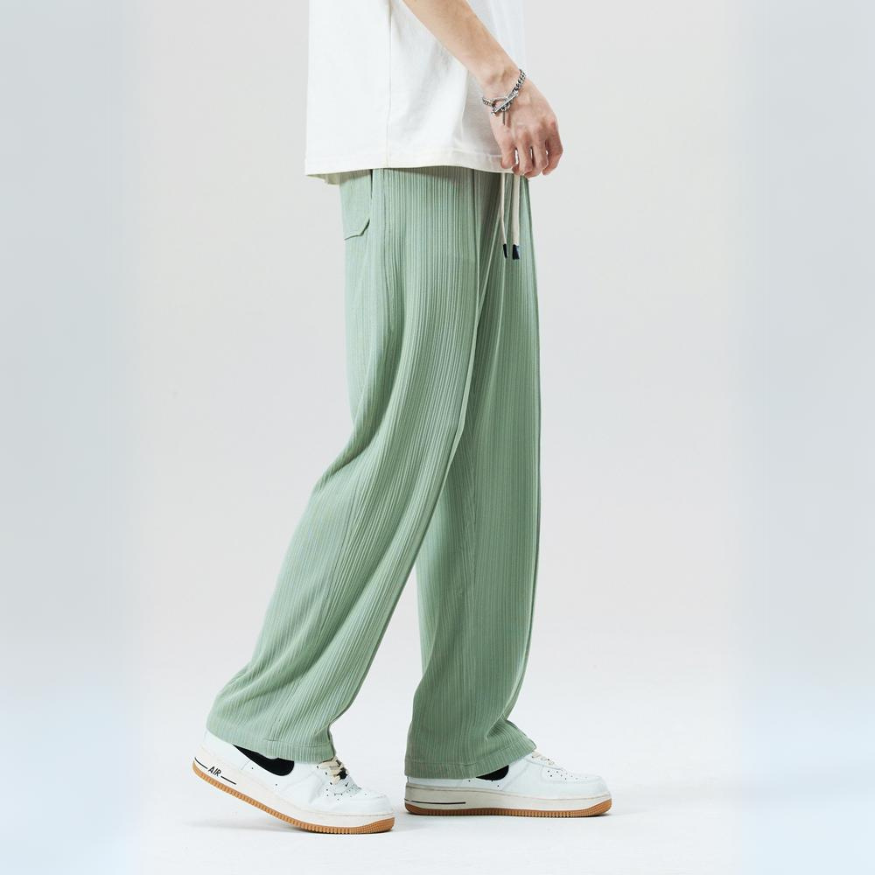 Full-length view of men's comfortable pleated pants. Relaxed fit trousers with elastic waist for ease.