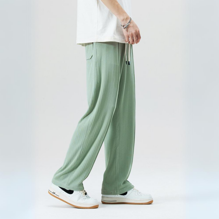 Full-length view of men's comfortable pleated pants. Relaxed fit trousers with elastic waist for ease.