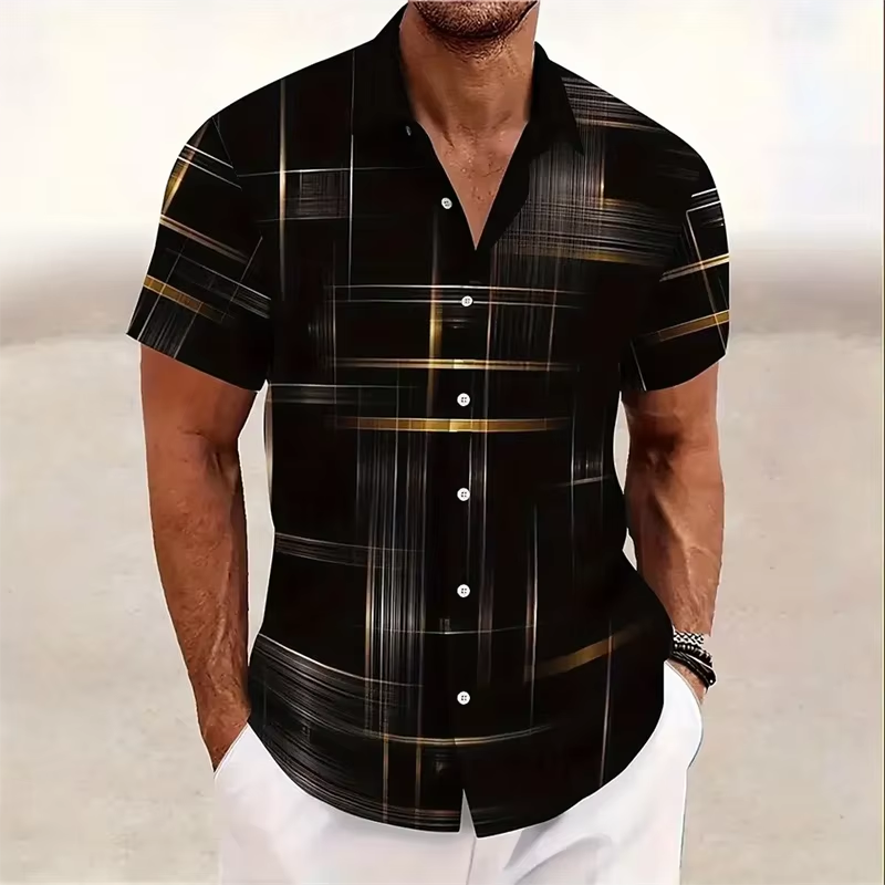 Stylish men's geometric print polo featuring a camp collar & button-up front. Ideal for summer casual fashion.