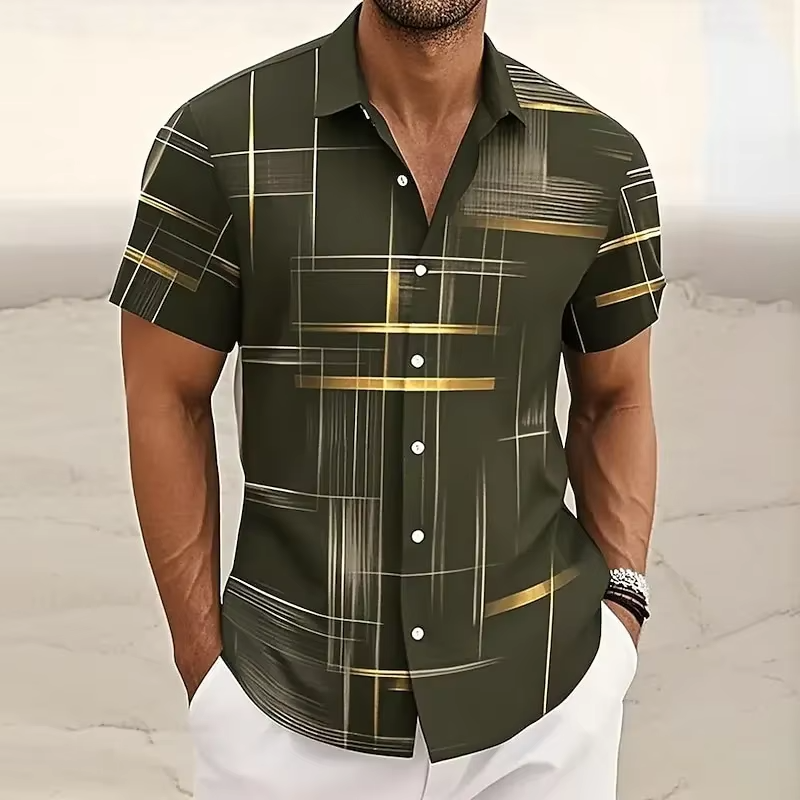 Close-up of a men's short-sleeve polo shirt with vibrant geometric pattern & comfortable relaxed fit.