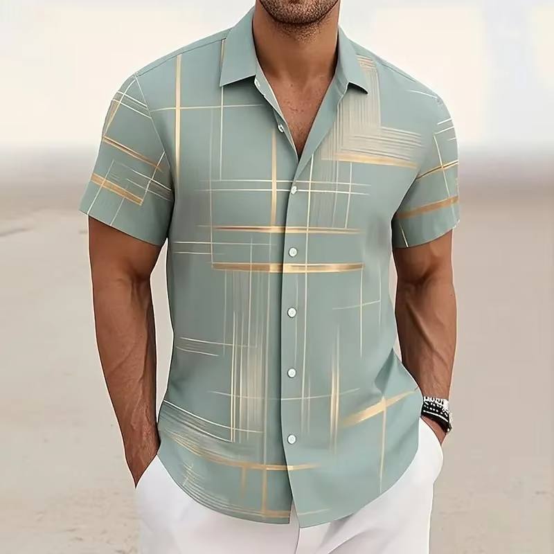 Modern men's summer polo shirt, relaxed fit, displaying a unique geometric print. Great for casual wear.