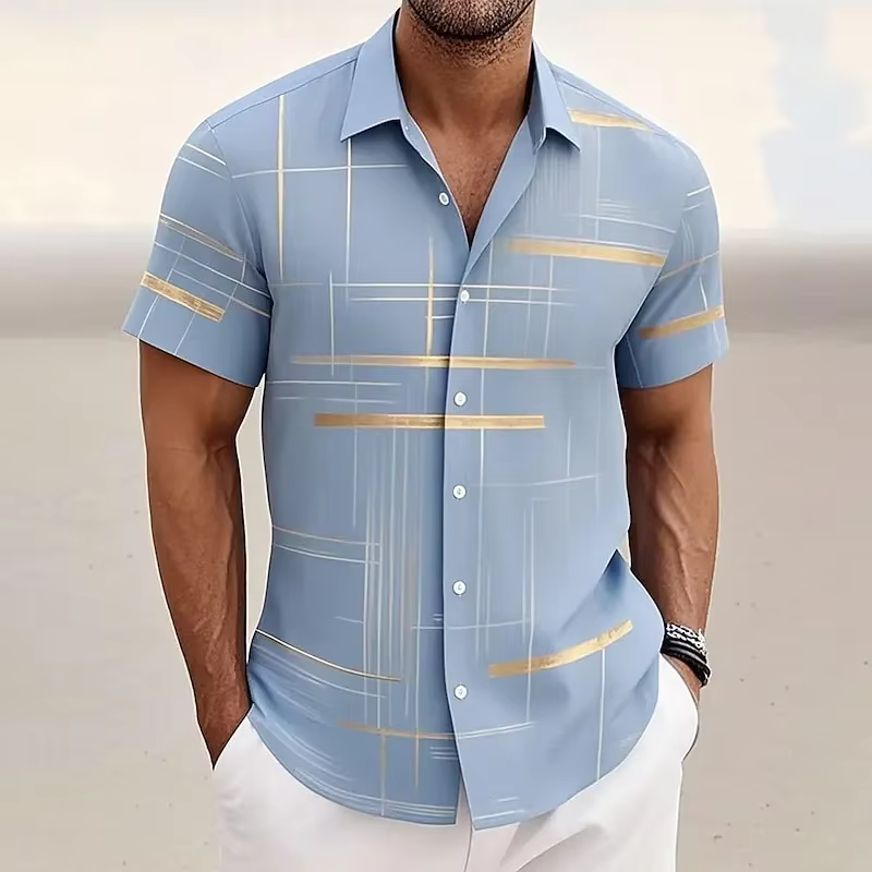 Front view of a men's button-up polo with a bold geometric design & short sleeves. Relaxed fit for comfort.
