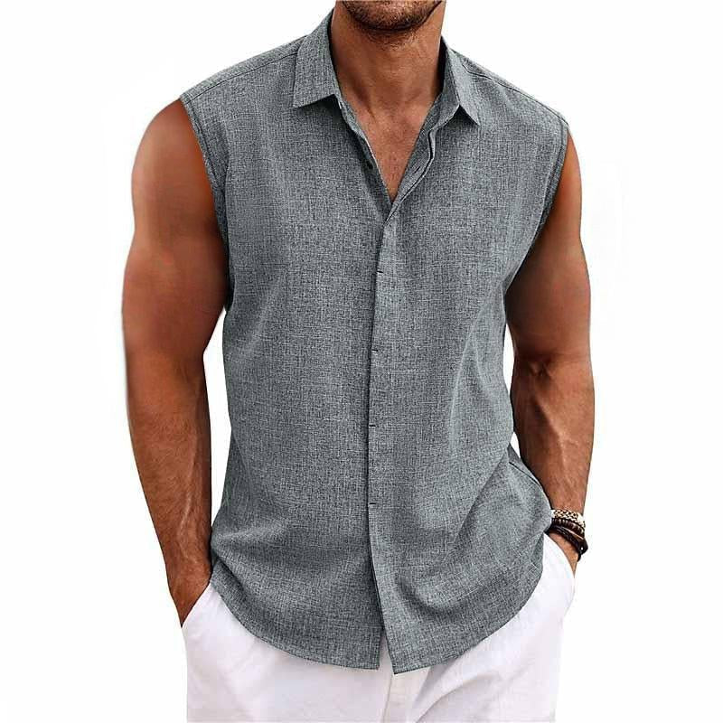 Men's relaxed fit sleeveless button-down shirt, perfect for casual summer wear & beach vacation outfits.