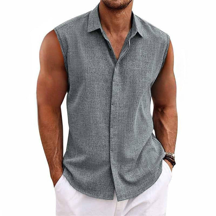 Men's relaxed fit sleeveless button-down shirt, perfect for casual summer wear & beach vacation outfits.