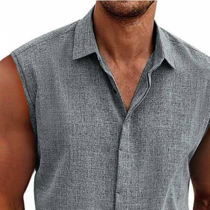 Stylish men's button-down tank top in a relaxed fit, ideal for warm weather, beach, or casual summer days.