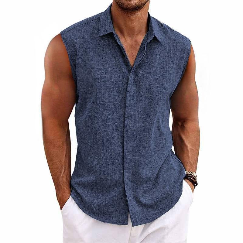 Man wearing a relaxed fit sleeveless button-down shirt, great for summer parties, beach, or casual outings.
