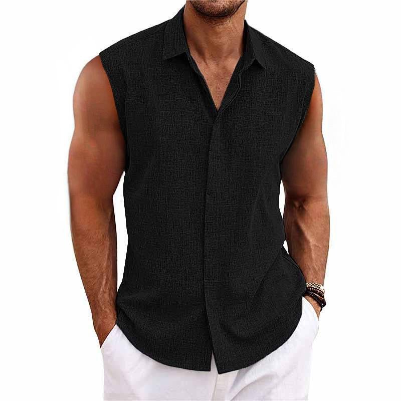 Lightweight men's sleeveless button shirt with a relaxed fit, designed for comfort in summer & warm weather.