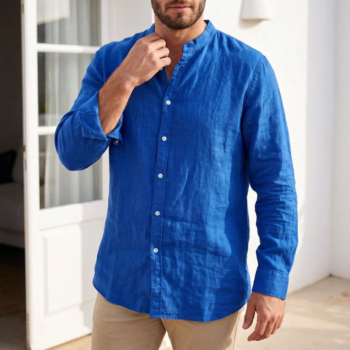Men's relaxed fit stand collar long sleeve shirt, ideal for casual everyday wear.