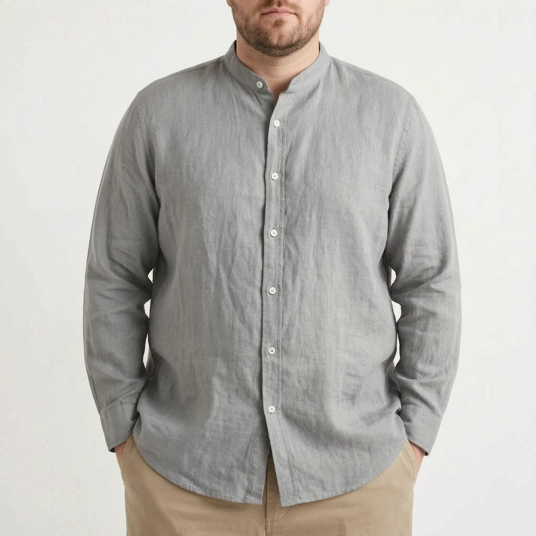 Versatile men's relaxed fit stand collar long sleeve shirt, perfect for casual spring/summer styling.