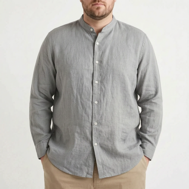 Versatile men's relaxed fit stand collar long sleeve shirt, perfect for casual spring/summer styling.