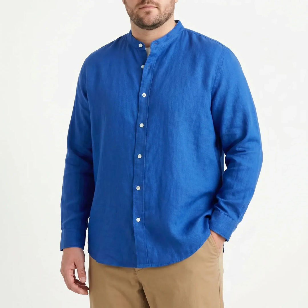 Relaxed fit men's stand collar button-front shirt, perfect for versatile spring and summer fashion.