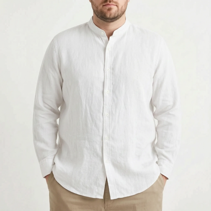 Men's stand collar long sleeve button-front shirt with a relaxed fit, perfect for summer fashion.