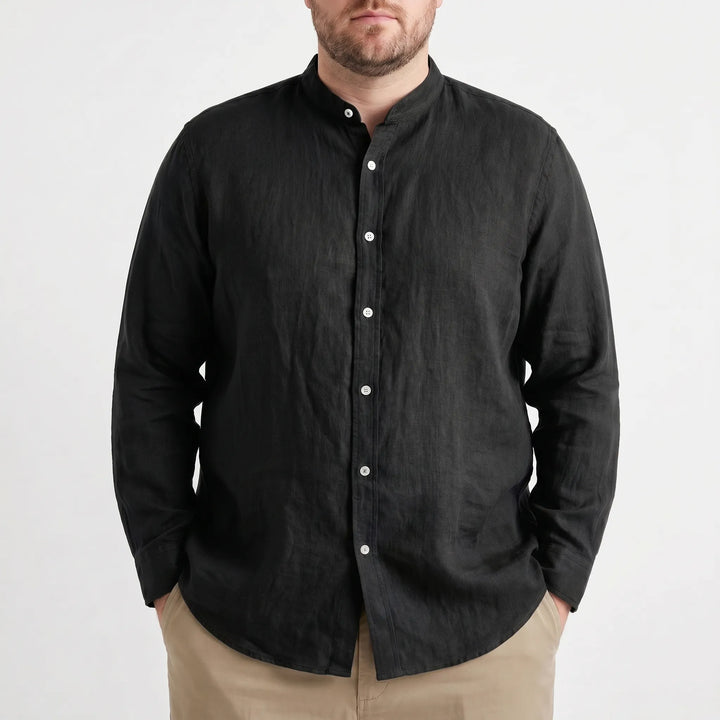 Solid color relaxed fit men's stand collar shirt, a versatile long sleeve choice for men's fashion.