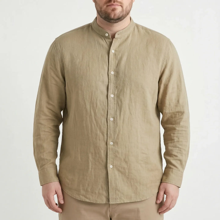 Stylish men's relaxed fit stand collar long sleeve shirt, great for spring and summer casual outfits.