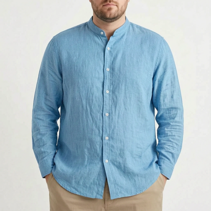 Men's fashion relaxed fit stand collar long sleeve shirt, a casual button-front wardrobe essential.